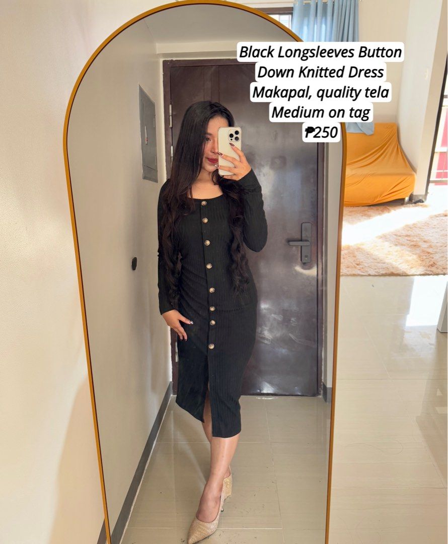 Black Longsleeves Button Down Knitted Dress (Category: Dresses) located in Quezon City. Submitted by ronavillezar (Listing ID 1462021296, Image 1). Description: - Black long sleeves button-down knitted dress - Makapal tela, quality fabric - Size Medium on tag - Versatile for casual or dressed-up looks - Comfortable and stylish - Selling for P250.