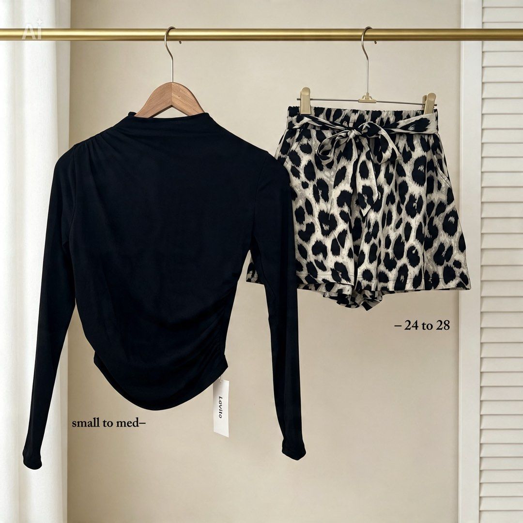 Black Ruched Top & Leopard Print Shorts Set (Category: Sets or Coordinates) located in San Carlos City. Submitted by marakrissel (Listing ID 1462029726, Image 1). Description: - Cute black long-sleeve top with ruched side detail. - Fits small to medium frames. - Trendy leopard print shorts with adjustable tie waist. - Fits waist sizes 24 to 28 inches. - Both items are in excellent, pre-loved condition. - Versatile set for night outs or casual wea