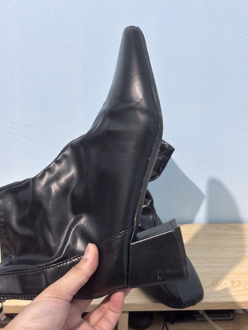 Black Square Toe Block Heel Ankle Boots (Category: Boots) located in Manila. Submitted by maaajesstic (Listing ID 1461802545, Image 2). Description: - Black ankle boots - Square toe design - Easy back zipper closure - Comfortable chunky block heel - Slight sheen on material - Perfect for pairing with dresses or jeans - Great for walking.