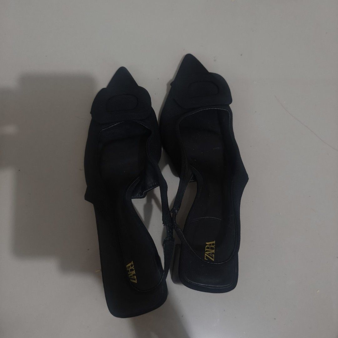 Black Zara Shoes Size 37 (Category: Flats & Sandals) located in Quezon City. Submitted by annethecoo17849 (Listing ID 1461895794, Image 1). Description: - Brand: Zara - Color: Black - Size: EU 37 (UK 4 / US 6) - Style: Slingback Heels - Features: Pointed toe, decorative buckle detail - Condition: Excellent (as pictured) barely used, has minor issue such as the fabric needs to be taped .