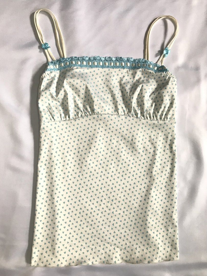Blue Printed Heart-Shaped, Satin, Cami Top (Category: Sleeveless) located in Davao. Submitted by mira_e02 (Listing ID 1461818683, Image 1). Description: There is a small stain on the inside of the camisole..