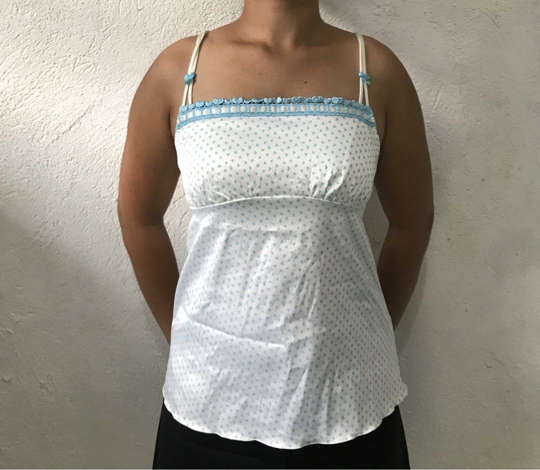 Blue Printed Heart-Shaped, Satin, Cami Top (Category: Sleeveless) located in Davao. Submitted by mira_e02 (Listing ID 1461818683, Image 2). Description: There is a small stain on the inside of the camisole..