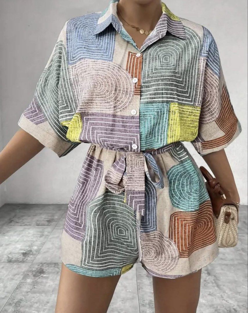 Boho Geometric Print Shirt and Shorts Romper Set (Category: Rompers) located in Consolacion. Submitted by sanboom (Listing ID 1461829888, Image 2). Description: .