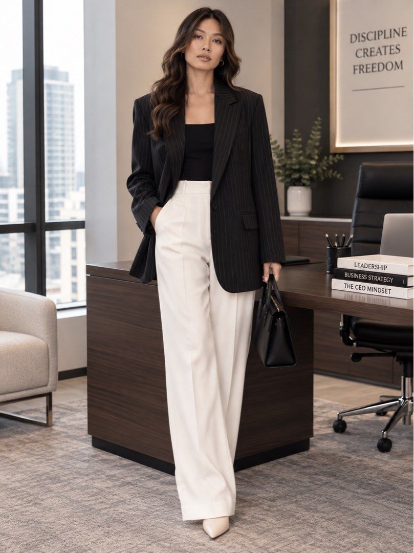 Boyfriend Pinstriped Blazer 🖤 (Category: Coats, Jackets and Outerwear) located in Taguig. Submitted by vm.co (Listing ID 1461994305, Image 1). Description: Boyfriend Pinstriped Blazer 🖤 • Style: Boyfriend Blazer • Color: Black • Pattern: Pinstriped • Fit: Oversized / Relaxed Fit • Can fit Large–XL • Classic tailored look with a modern boyfriend silhouette • Perfect for office, smart casual, or effortless chic outfits ✨.