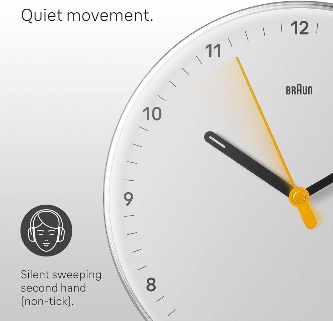 Braun Wall Clock BC26W Quiet Quartz Movement Designed in Germany (Category: Clocks) located in Antipolo. Submitted by barok0325 (Listing ID 1461817840, Image 3). Description: - Braun Wall Clock, Model BC26W - Quiet Quartz Movement: Silent sweeping second hand - German Design: Sleek and minimalist aesthetic - Clear Hour Markers - Subtle Yellow Accent on Second Hand - Ideal for any room in your home.