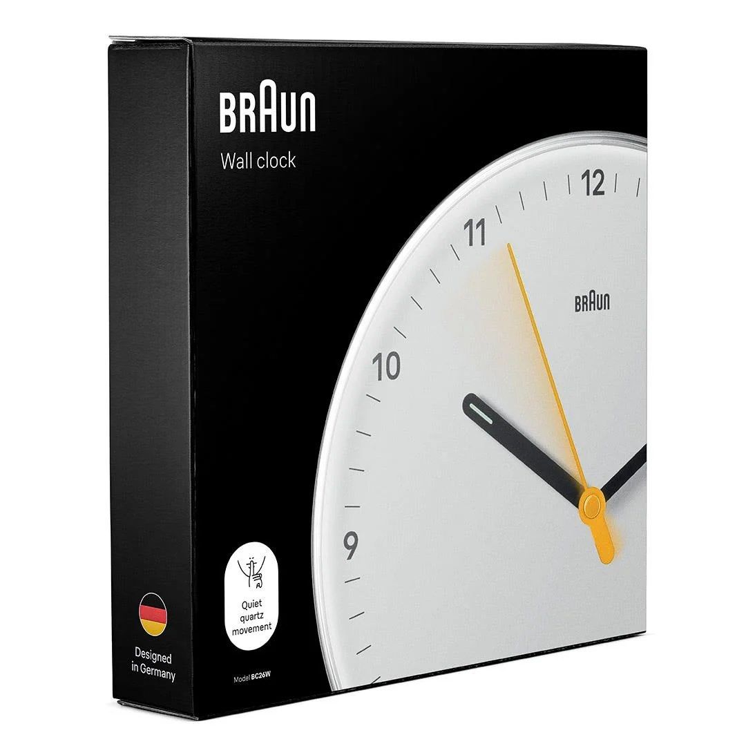 Braun Wall Clock BC26W Quiet Quartz Movement Designed in Germany (Category: Clocks) located in Antipolo. Submitted by barok0325 (Listing ID 1461817840, Image 2). Description: - Braun Wall Clock, Model BC26W - Quiet Quartz Movement: Silent sweeping second hand - German Design: Sleek and minimalist aesthetic - Clear Hour Markers - Subtle Yellow Accent on Second Hand - Ideal for any room in your home.