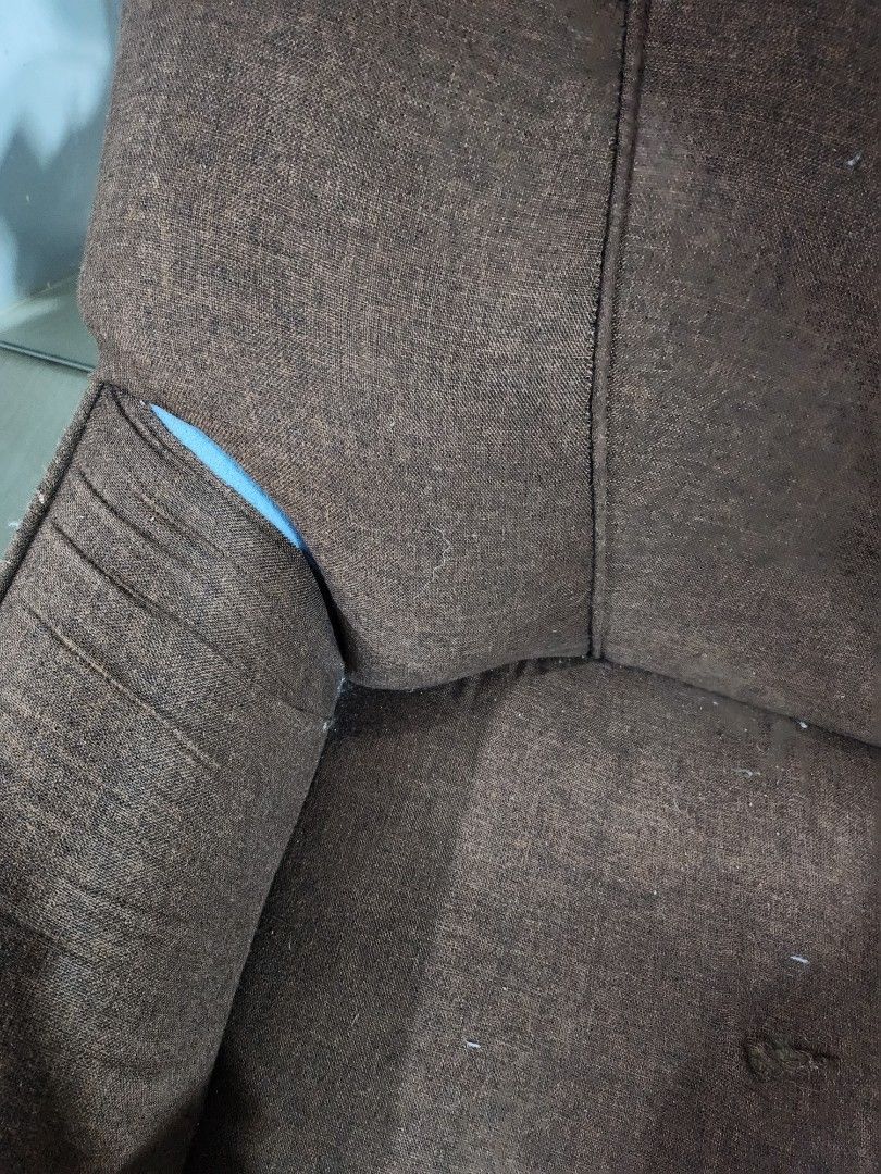 Brown Fabric Sofa Set - 3 Seater and 2 Single Chairs (Category: Sofas) located in Manila. Submitted by justyourordinarydude (Listing ID 1461914358, Image 3). Description: - Brown fabric sofa set - Includes one 3-seater sofa and two single chairs - Comfortable seating for your living room - Shows some wear and tear, especially on cushion edges (please check photos) - Still has plenty of life left - Pickup only.