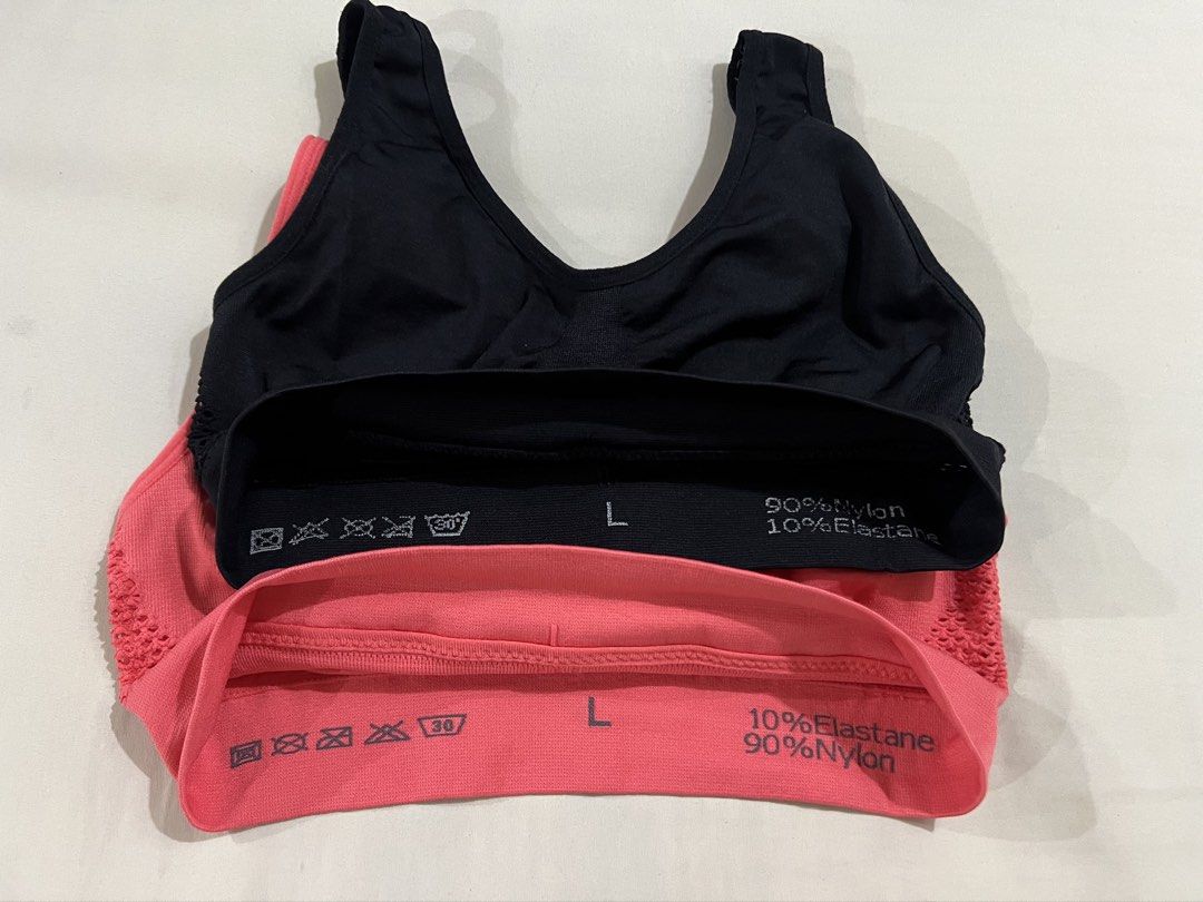 BUNDLE‼️Sports Bra Set (Category: Activewear) located in Pozorrubio. Submitted by kulin_ (Listing ID 1461985193, Image 2). Description: - 1 Black, 1 Coral Pink - L on tag can fit to S - Material: 90% Nylon, 10% Elastane - 2 for 299/ 200 each.