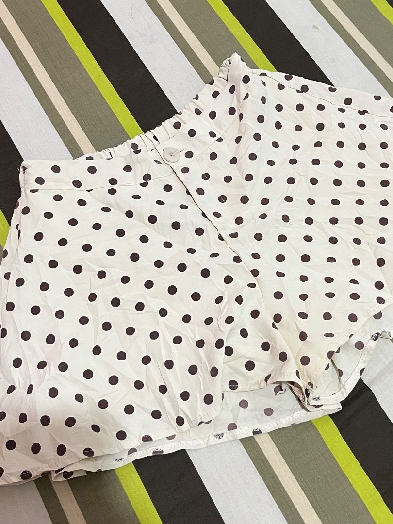 Butter Yellow Polka Dot Shorts (Category: Shorts) located in Santa Rosa. Submitted by rsxyen (Listing ID 1461995001, Image 2). Description: - Cute butter shorts with brown polka dot pattern - Elastic waistband with button and zip closure - Lightweight fabric, ideal for casual wear - Versatile: easy to pair with any top - Perfect for warmer weather.