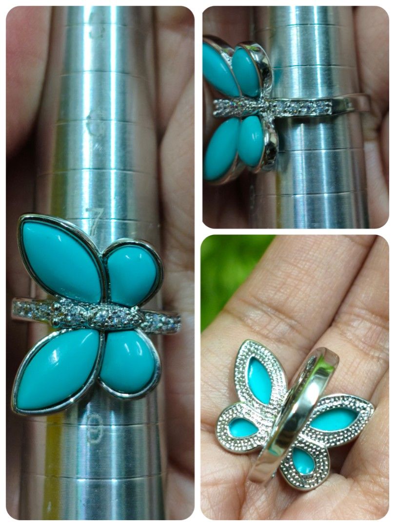 Butterfly Turquoise and Diamond Ring Size 9 (Category: Rings) located in Quezon City. Submitted by gemaicloset (Listing ID 1460451802, Image 1). Description: - Stunning butterfly design - Features vibrant turquoise stones - Accented with small diamonds - Crafted in sterling silver - Adds a pop of color to any outfit - Versatile for everyday wear or special occasions - A beautiful addition to any jewelry collection.