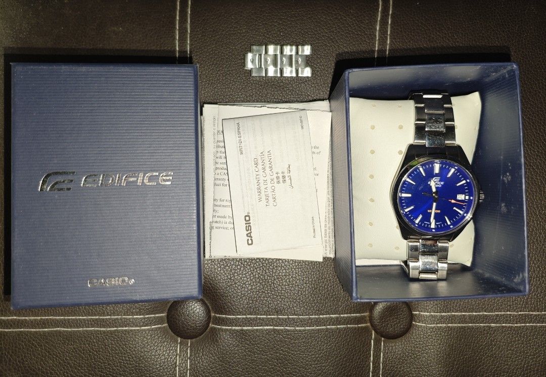 Casio Edifice Watch Blue Dial (Category: Men's Watches) located in Caloocan City. Submitted by ramosjoshu37622 (Listing ID 1461970329, Image 1). Description: - Casio Edifice Watch - Striking Blue Dial - Includes Original Box - Warranty Card Included - Extra Links Provided.