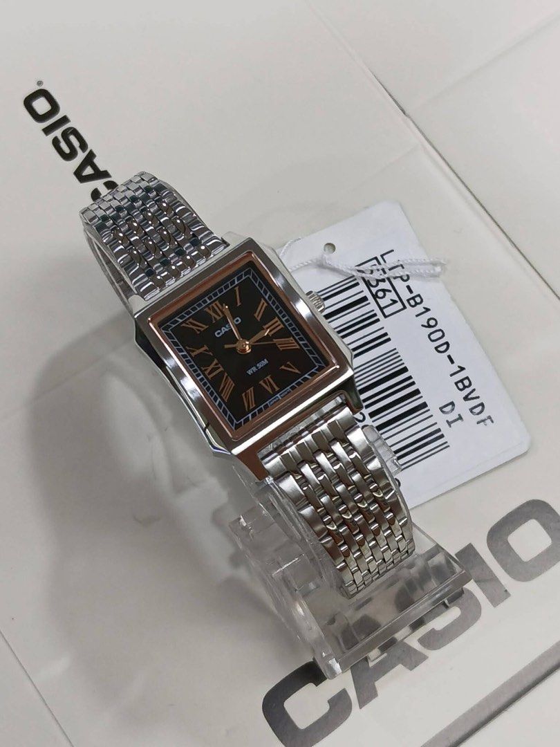 Casio Tank LTP-B190D-1B (Category: Women's Watches) located in Manila. Submitted by seikowatchfactory (Listing ID 1461819698, Image 1). Description: BNIB 10/10 For Sale Model: LTP-B190D-1B Price: 3895 pesos Specifications: Case Size: 32 x 23.5 x 7.6mm Weight: 48g Case and Bezel material: Stainless steel Stainless Steel Band Adjustable clasp 50m Water Resistance Approx. battery life: 3 years on SR626SW Mineral glass Regular timekeeping Analogue: 3