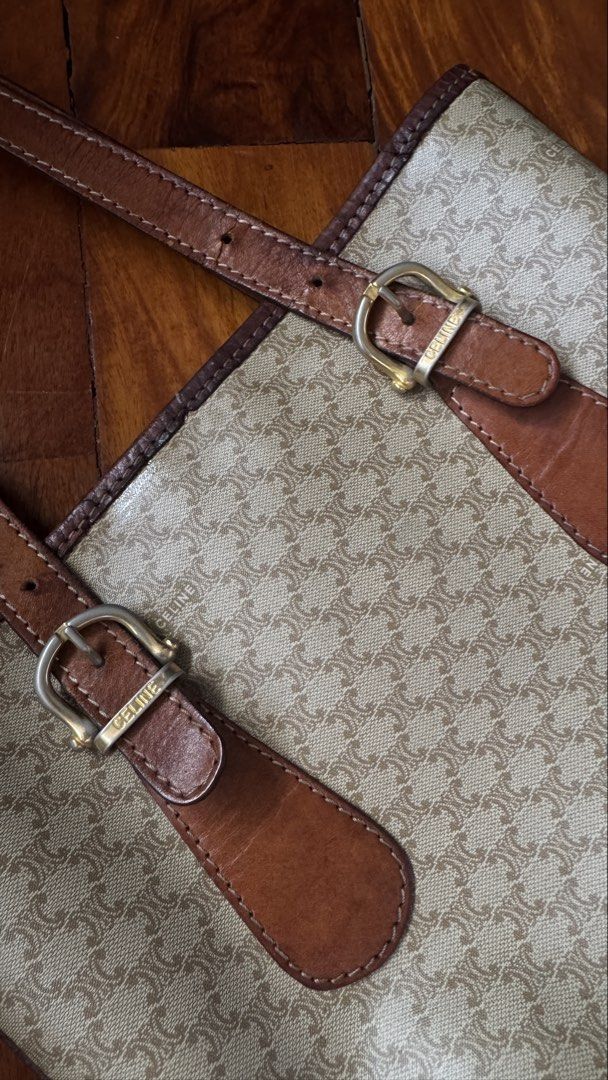 Celine Monogram Canvas Leather Trim Tote Bag (Category: Luxury Bags & Wallets) located in Quezon City. Submitted by kb0030 (Listing ID 1462031696, Image 3). Description: With signs of usage. Cracks on trimmings - Iconic Celine monogram canvas tote bag - Rich brown leather trim and straps - Elegant gold hardware details - Convenient interior zippered pocket - Timeless design, perfect for everyday use - Expertly crafted in Italy.