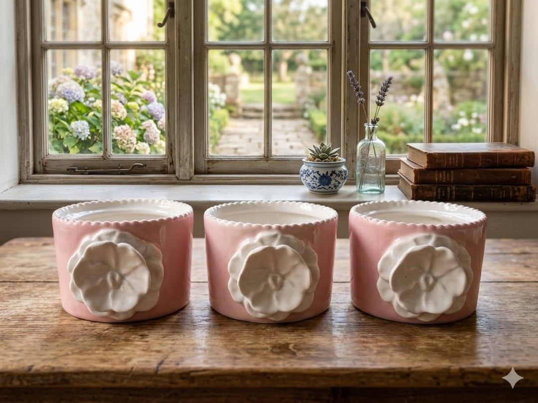 Ceramic figurine set of 3 (Category: Pots & Planters) located in Marikina City. Submitted by mdcterencio (Listing ID 1461927844, Image 1). Description: - Set of 3 pink ceramic planters - Features pretty white flower applique on the front of each pot - Scalloped edge rims - Ideal for small plants or succulents - Perfect for windowsills or shelves - Sold as a set.