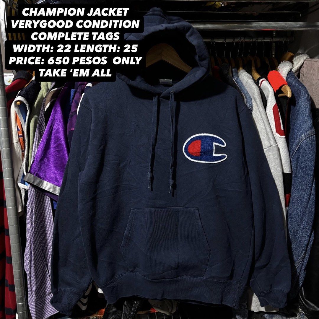 Champion Hoodie Jacket Navy Blue Large (Category: Coats, Jackets and Outerwear) located in Caloocan City. Submitted by bonsatocha43876 (Listing ID 1461984461, Image 1). Description: - Champion Jacket - Color: Navy Blue - Size: Large - Measurements: Width 22", Length 25" - Condition: Very Good (complete tags) - Price: ₱650.