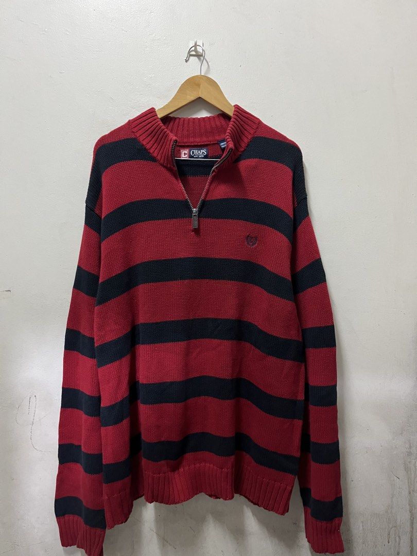 Chaps Red and Black Half Zip Sweater (Category: Coats, Jackets and Outerwear) located in Mandaluyong City. Submitted by pochesguerra (Listing ID 1461897880, Image 1). Description: Chaps Red and Black Half Zip Sweater SIZE: XXL DIMES: 28 x 29 EXCELLENT CONDITION PRICE: 1000 PESOS + SHIPPING FEE .