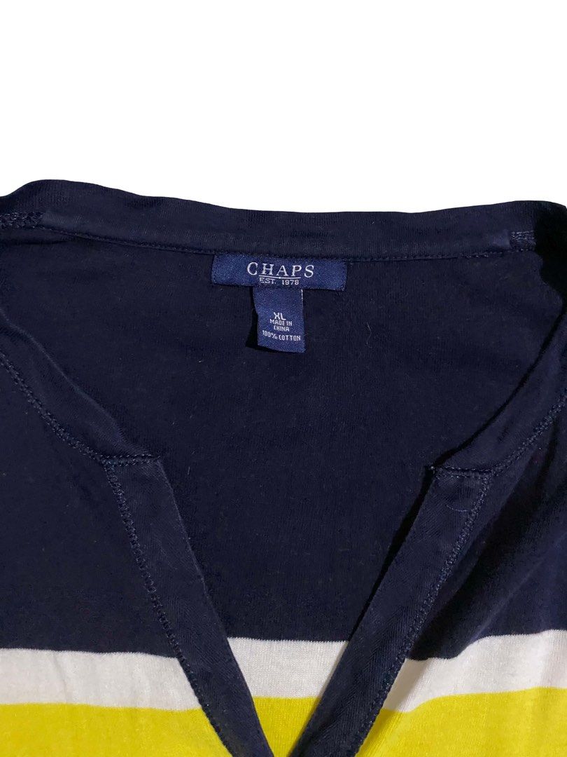 CHAPS V Neck Henley Long Sleeve Top (Category: Shirts) located in Manila. Submitted by thrift.bell (Listing ID 1461961913, Image 2). Description: size : XL (fits like L based on measurements) width : 20 length : 24.5 sleeve length : 24 color rate: 10/10 navy blue, yellow & grey striped flaws : none condition : 10 / 10.