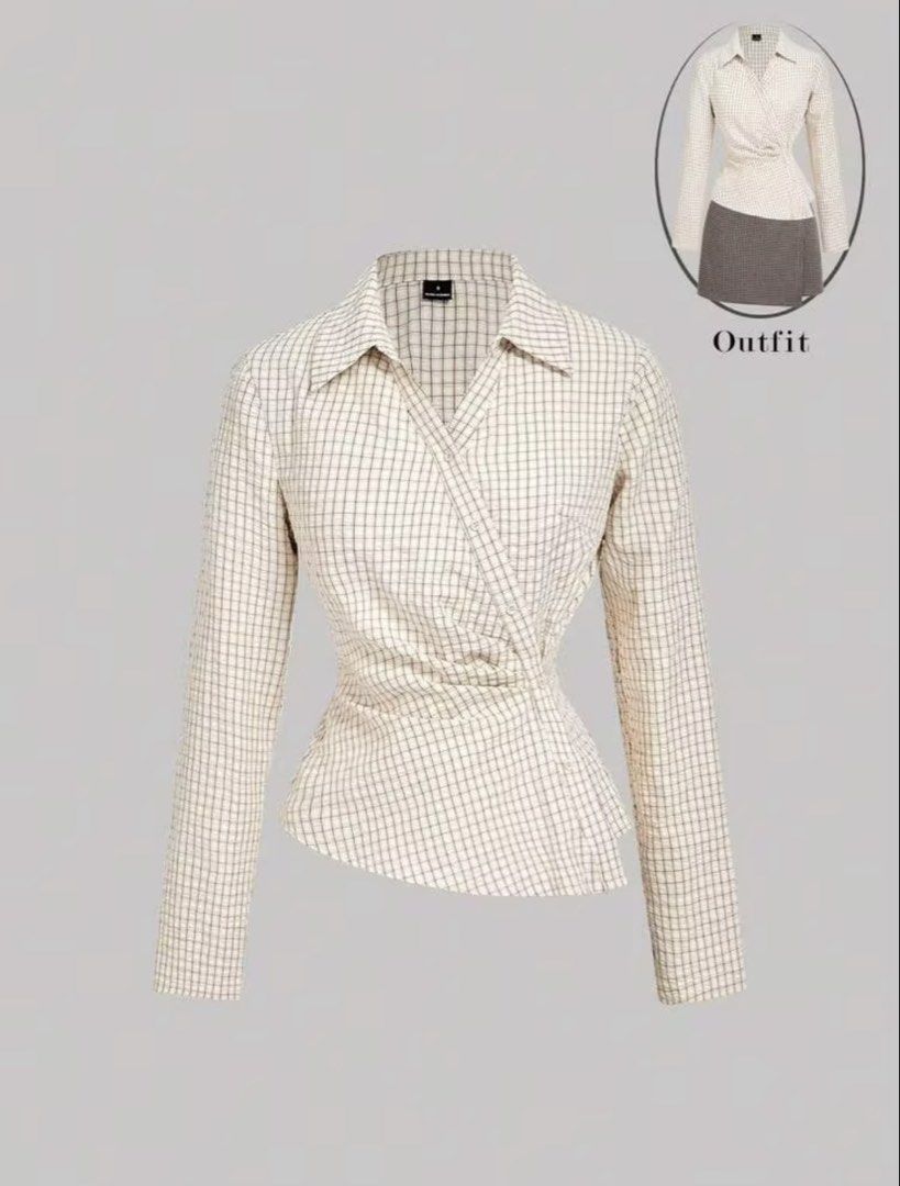 Checkered Wrap Long Sleeve Blouse (Category: Blouses) located in Villasis. Submitted by juliaxgamboa (Listing ID 1461881972, Image 1). Description: - Cream and brown checkered wrap blouse - Long sleeves - Button closure at the front - Cinched waist detail at the back - Versatile for smart casual looks with skirts or trousers.