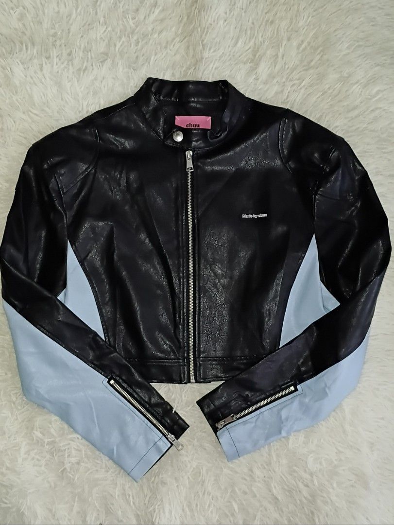 CHUU "CHUU MATTER" Cropped Faux Leather Jacket (Category: Coats, Jackets and Outerwear) located in Bulacan. Submitted by itsyoboyjhay1738 (Listing ID 1461969918, Image 1). Description: - Black and light blue cropped faux leather jacket - "CHUU MATTER" graphic on the back - Zipper closure - Zippered cuffs - Lined interior with CHUU branding - Cool streetwear vibe.