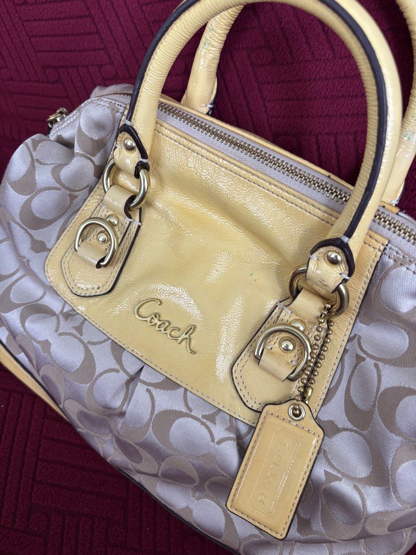 5-DAY SALE. FIXED PRICE. COACH ASHLEY TWO WAY BAG (Category: Luxury Bags & Wallets) located in Batangas. Submitted by missraee (Listing ID 1461823468, Image 2). Description: 5-day SALE. FIXED PRICE. Back to old price after 5 days ☺️ Original price 6500 - Authentic Coach monogram canvas handbag - Chic yellow patent leather trim and top handles -intact rubber lining -no rubs -no dirt -like new hardware -with sling -butter yellow color flaw: -minima