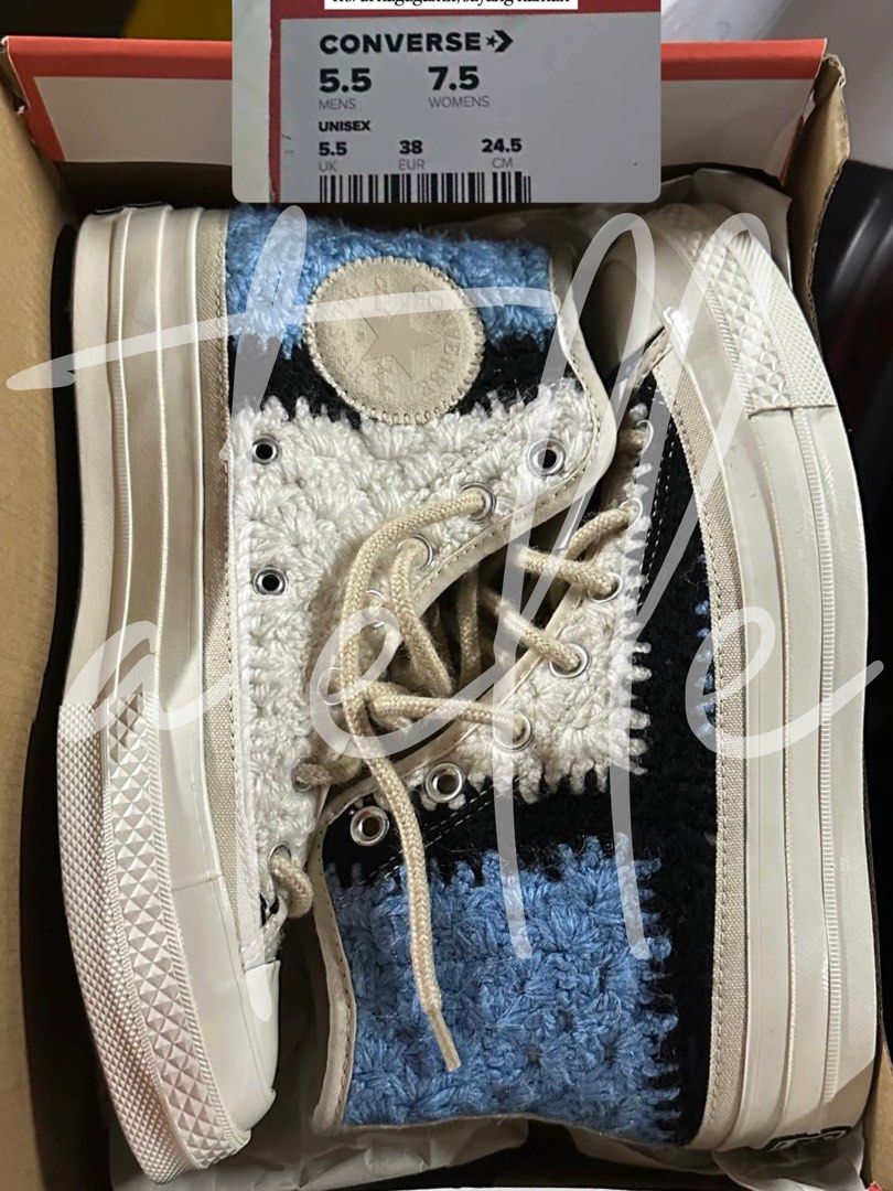 Converse Chuck 70 Crochet High Top Sneakers (Category: Sneakers) located in Manila. Submitted by atelleee_ (Listing ID 1461810464, Image 1). Description: - Original Converse Chuck 70 High Tops - Unique crochet knit design - Colorway: Blue, Black, and White - Size: 5.5 Men's / 7.5 Women's - Comes with original laces and box - Perfect for adding a stylish pop of color to your look Rfs: barely used, no longer needed Bought last March 2026 (orig pric