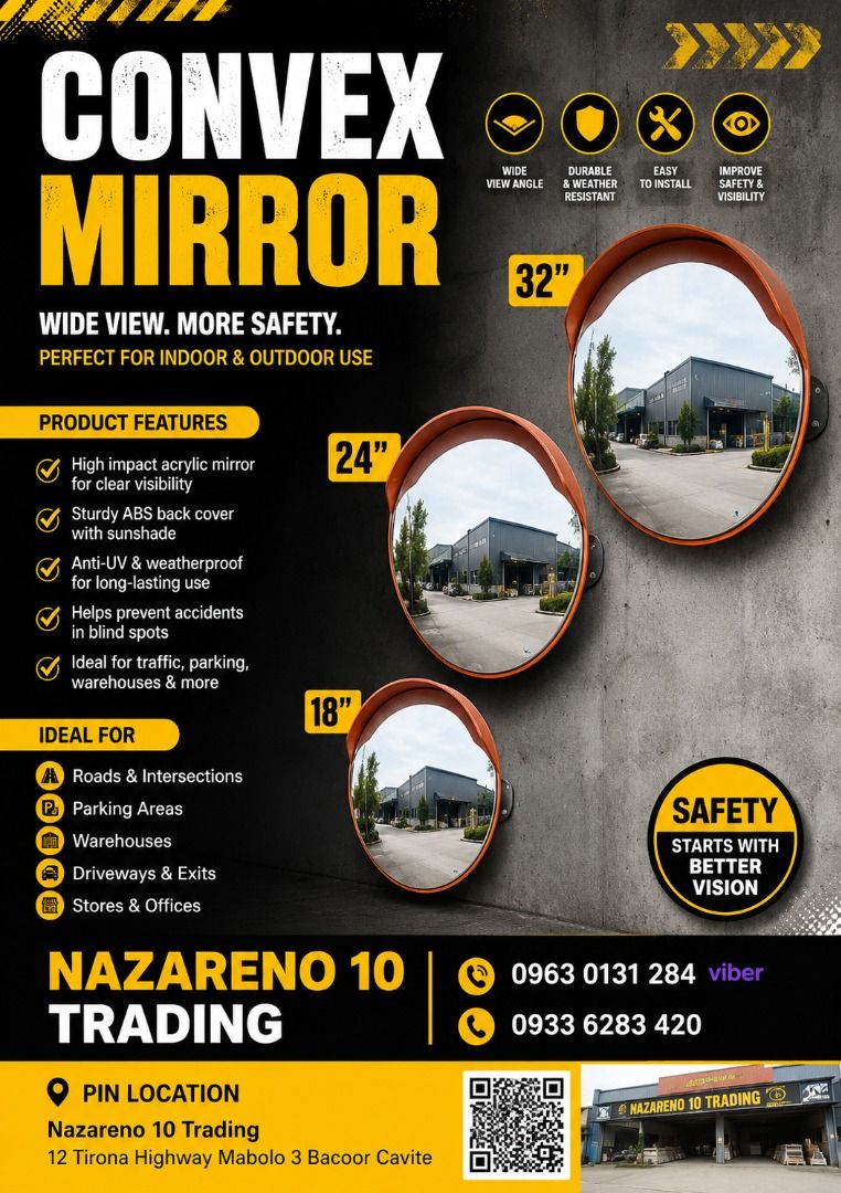 CONVEX MIRROR (Category: Looking For) located in Bacoor. Submitted by kajezame.2021 (Listing ID 1461822806, Image 1). Description: CONVEX MIRROR For More Details and Discount Contact Ms. Karen NAZARENO 10 TRADING 0963 0131 284 0933 6283 420 0956 7028 557 0933 8559 510 Landline: Look for Ms. Karen (046 ) 416 3920 Also available: • Traffic cone • Parking Block stopper • Hooded trash bin • Road Plastic Barrier • Spill boom • Fishing buoy • Spill Kit
