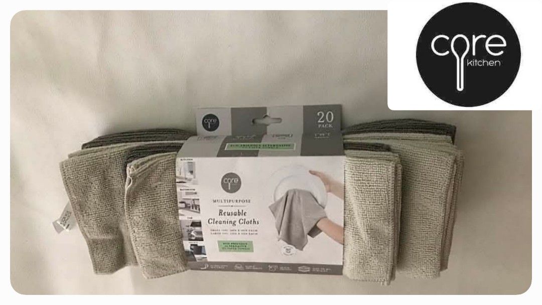 CORE KITCHEN - Multipurpose Microfiber Reusable Cleaning Cloths (20-pc) (Category: Towels, Napkins & Holders) located in Pasig City. Submitted by kuhkuh (Listing ID 1461622038, Image 1). Description: CORE KITCHEN - Multipurpose Microfiber Reusable Cleaning Cloths (20-pc) The Core Kitchen microfiber reusable cleaning cloths are popular for being highly absorbent, streak-free, and machine-washable alternatives to paper towels. ● ultra-soft material