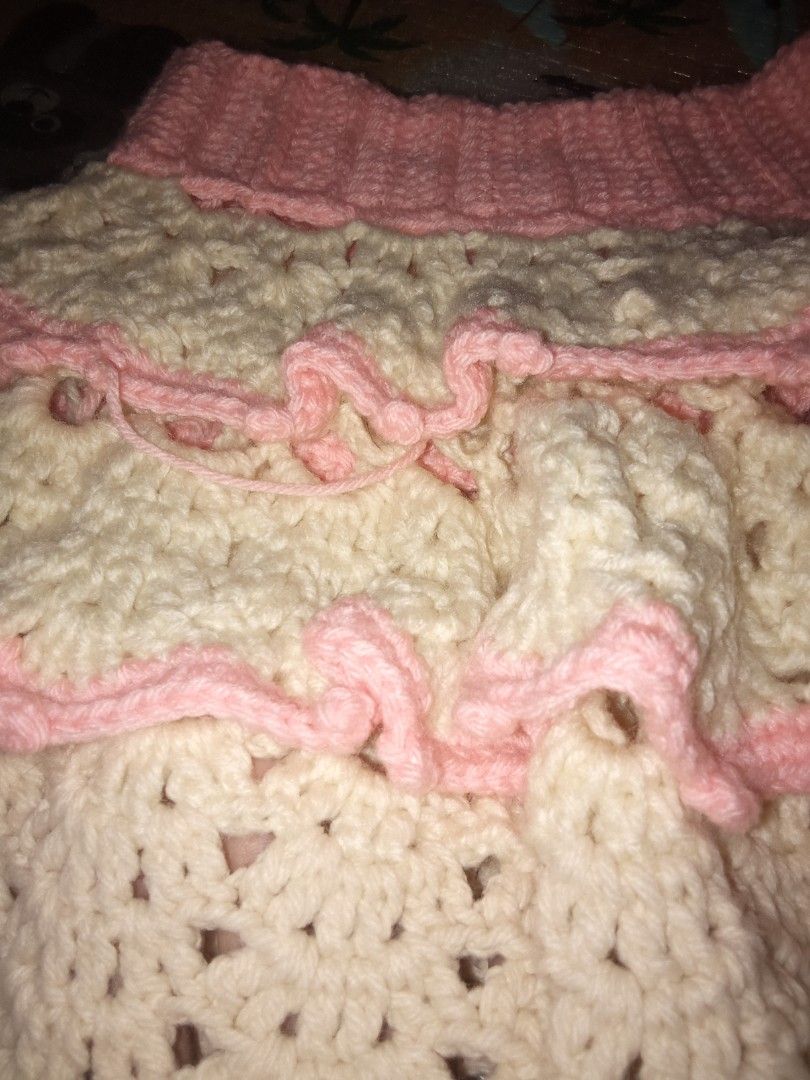 Crochet mini skirt (Category: Skirts) located in Manila. Submitted by warmfalcon-9e2e (Listing ID 1461863695, Image 3). Description: • Used Once • Color: Baby pink and Cream • For reference, my height is 149 cm. waistline is 26 inches. • Handmade by my mom. • Only meetups and lalamove..