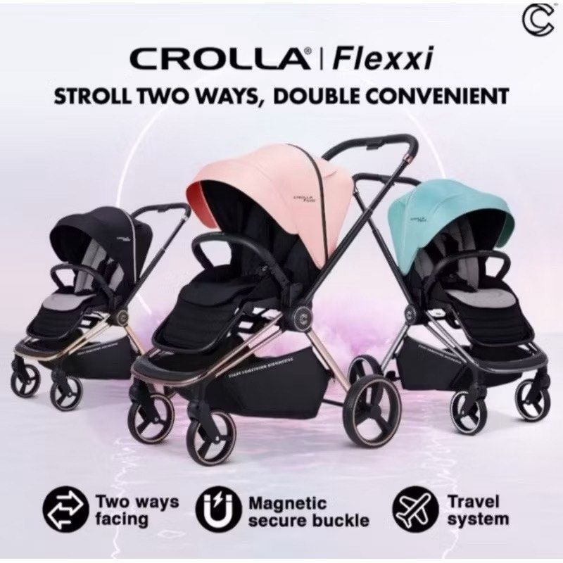 Crolla Flexxi Stroller - 2 Ways Facing (Category: Strollers) located in Puchong. Submitted by xinhui1216 (Listing ID 1461849708, Image 1). Description: - Crolla Flexxi stroller in a stylish pink color. - Versatile seat can face forward or backward. - Features a secure magnetic buckle for easy fastening. - Travel system compatible for added convenience. - Designed for easy maneuverability on the go..