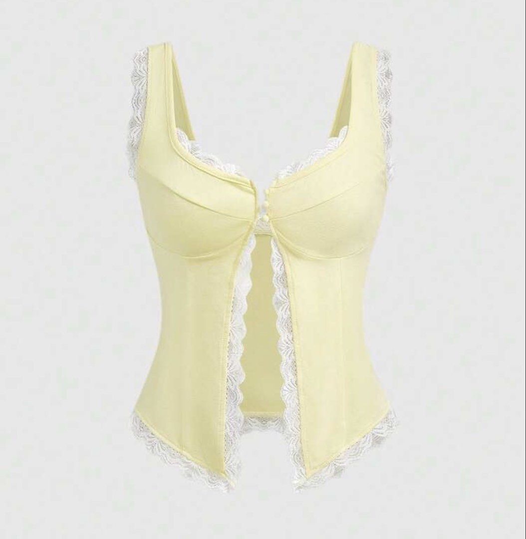 cute chic yellow summer lace patchwork sleeveless top (Category: Sleeveless) located in Manila. Submitted by ershoudian (Listing ID 1461867816, Image 1). Description: size m bust 32, length 18 .