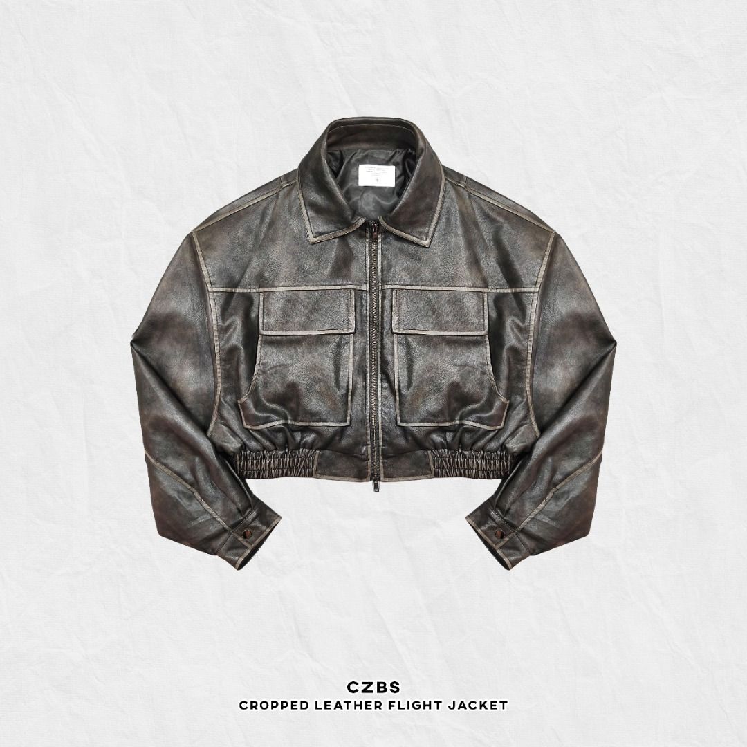CZBS CROPPED LEATHER FLIGHT JACKET (Category: Coats, Jackets and Outerwear) located in Baguio. Submitted by curatedandselected (Listing ID 1461909183, Image 1). Description: Size: small to medium (cropped fit) Dimes: 20W x 20L Condition: 9.5/10 Fabric: leather.