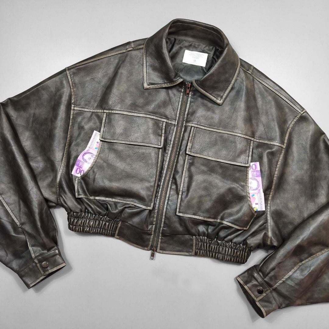 CZBS CROPPED LEATHER FLIGHT JACKET (Category: Coats, Jackets and Outerwear) located in Baguio. Submitted by curatedandselected (Listing ID 1461909183, Image 2). Description: Size: small to medium (cropped fit) Dimes: 20W x 20L Condition: 9.5/10 Fabric: leather.