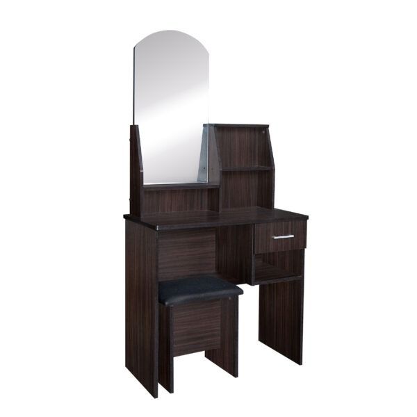 Dark Wood Dressing Table with Mirror and Stool (Category: Tables & Sets) located in Caloocan City. Submitted by allhomeagroputatan_f87429 (Listing ID 1461824347, Image 1). Description: - Dark wood dressing table set - Includes mirror and padded stool - Drawer and open shelves for storage - Perfect for organizing makeup and accessories - Compact design fits most rooms.