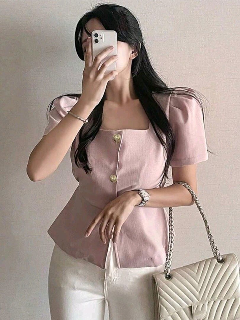 DAZY Women Square Kneck Blouse (Category: Blouses) located in Manila. Submitted by chloesukaycollection (Listing ID 1461843024, Image 1). Description: - DAZY Square Kneck Blouse - Size: Medium (M) - Features puff sleeves - Square neckline - Gold button details down the front - Adjustable tie-back closure - Used once only - I bought this from SHEIN.