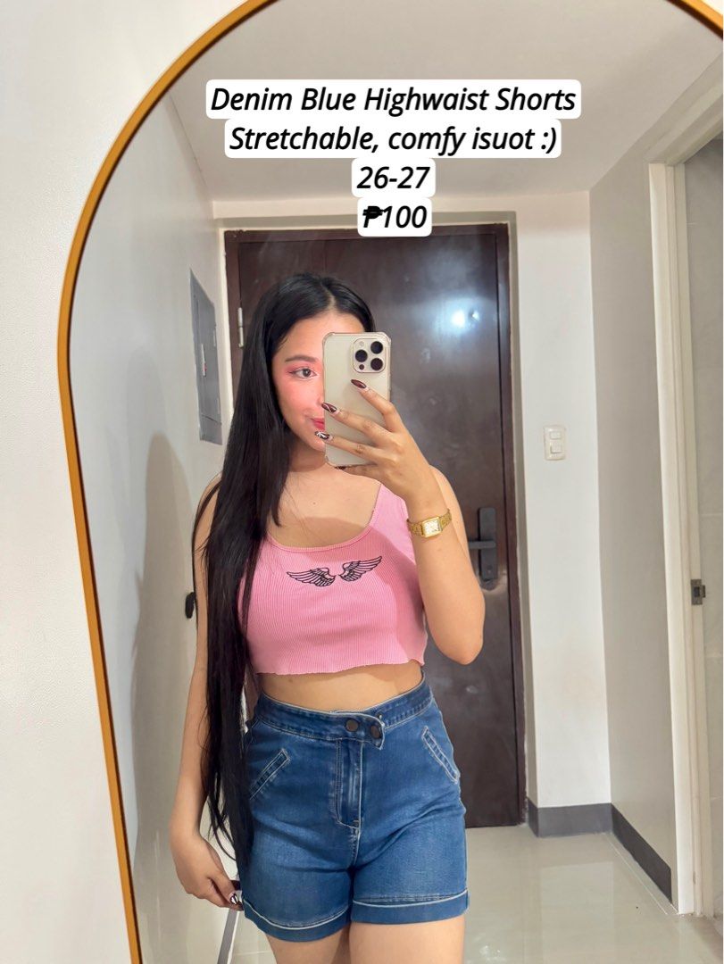 Denim Blue Highwaist Shorts - Stretchable (Category: Shorts) located in Quezon City. Submitted by ronavillezar (Listing ID 1461924058, Image 1). Description: - Denim blue highwaist shorts - Super stretchable and comfy - Fits waist size 26-27 - Great for casual outfits - Selling for only P100.
