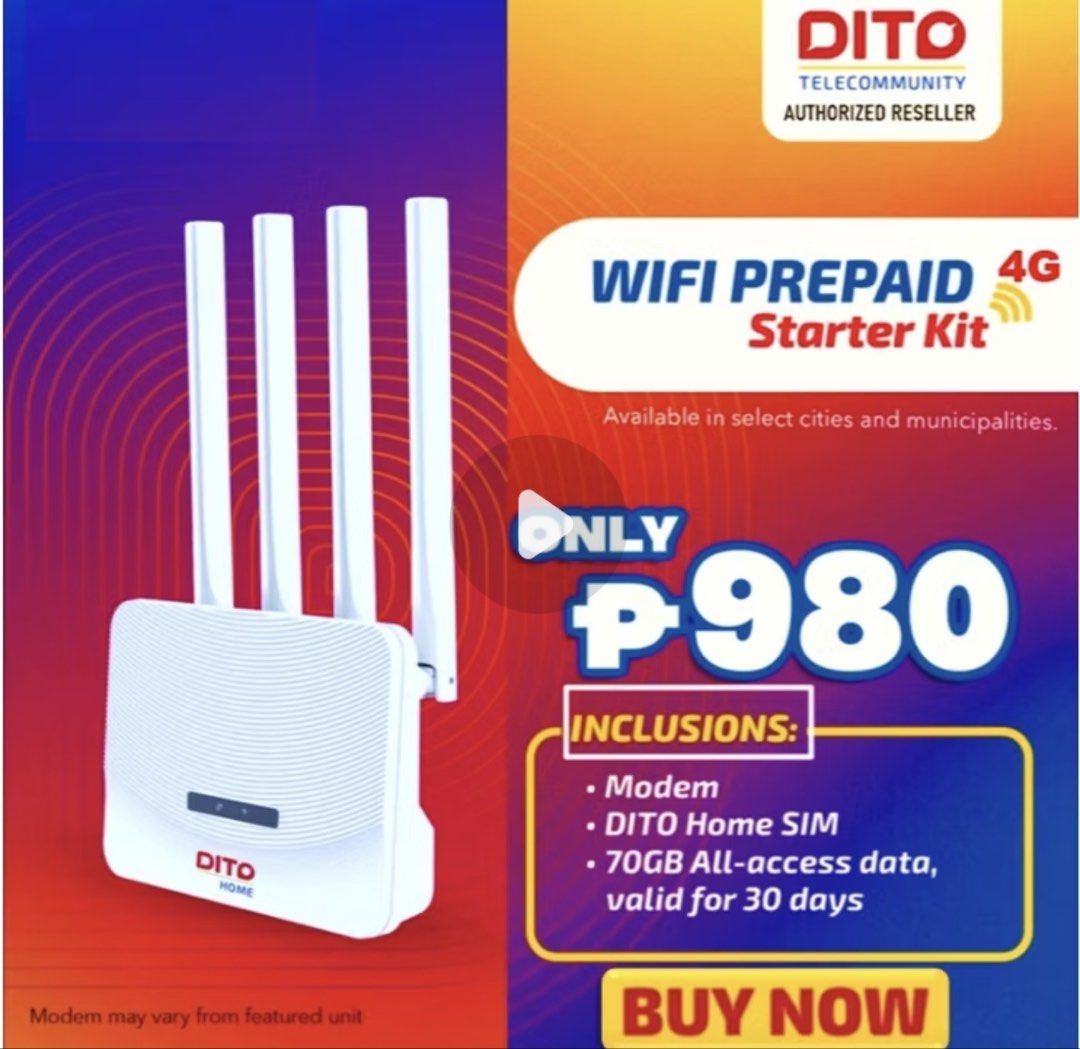 DITO WoWiFi Lite 4G (Category: Networking) located in Quezon City. Submitted by ally_marie12 (Listing ID 1461902381, Image 3). Description: DITO WOWFI 4G - with modem and sim - just bought it recently for ₱800+ - rfs: upgrade - DITO Home 4G Modem WiFi Prepaid Starter Kit - Includes DITO Home SIM - Comes with 70GB all-access data, valid for 30 days - Enjoy speeds up to 50Mbps - Load up options: 30GB (7 days) or 80GB (30 days).
