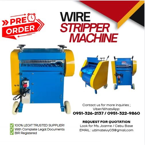 Double Blade Cable Wire Stripper Machine Buy Now (Category: Construction Tools & Equipment) located in Caloocan City. Submitted by chaseolive35337 (Listing ID 1461812971, Image 1). Description: Specification: Cable Diameter: 1~60mm Power: 2.2kW Capacity: 30m/min Net Weight: 110kg Machine Size: 760*640*920mm Voltage: 1 Phase Terms Of Payment 💰50% Down payment Upon Processing 💸 💰50% Upon pick up 💸 ✅ 100% LEGIT TRUSTED SUPPLIER! ✅ With Complete 