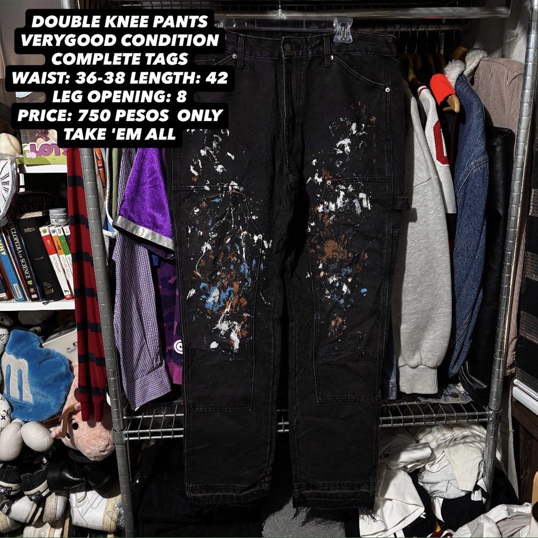 Double Knee Pants with Paint Splatter (Category: Jeans) located in Caloocan City. Submitted by bonsatocha43876 (Listing ID 1461985757, Image 1). Description: - Brand new black double knee pants - Unique paint splatter details - Waist: 36-38 inches - Leg Opening: 8 inches - Length: 42 inches - Complete tags still attached - Selling for only 750 pesos!.