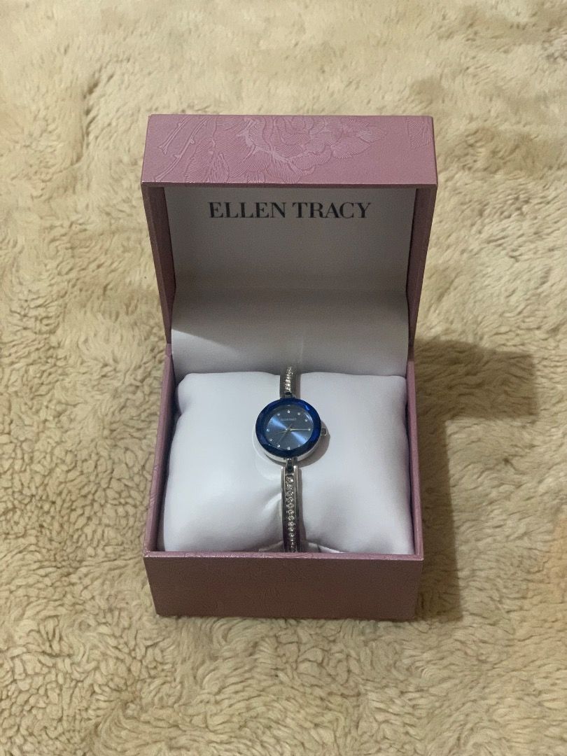Ellen Tracy Silver Tone Mini Faceted Bezek Bangle Watch (Category: Women's Watches) located in Caloocan City. Submitted by ayajaneee (Listing ID 1461858237, Image 3). Description: - Ellen Tracy watch - Blue dial - Silver-tone bangle with clear stones - Includes original pink box with floral embossing - Battery information available on the box - Ideal for everyday wear or as a gift.