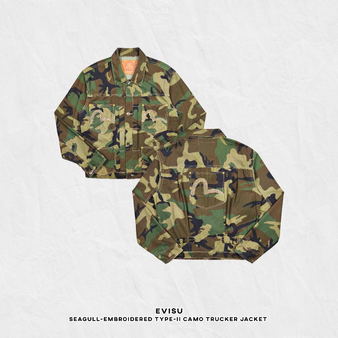 EVISU SEAGULL TYPE II CAMO TRUCKER JACKET (Category: Coats, Jackets and Outerwear) located in Baguio. Submitted by curatedandselected (Listing ID 1461910998, Image 1). Description: Size: medium (boxy fit) Dimes: 22W x 24L Condition: 9.5/10 Fabric: cotton.