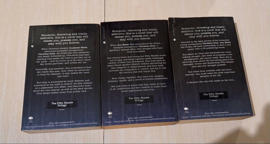Fifty Shades Trilogy by E.L. James - Complete Set (Category: Storybooks) located in Manila. Submitted by chicmom.of.3 (Listing ID 1461922941, Image 2). Description: - Complete Fifty Shades Trilogy by E.L. James - Includes: Fifty Shades of Grey, Fifty Shades Darker, Fifty Shades Freed - Paperback editions - Great for fans or new readers - Get the entire story in one set.