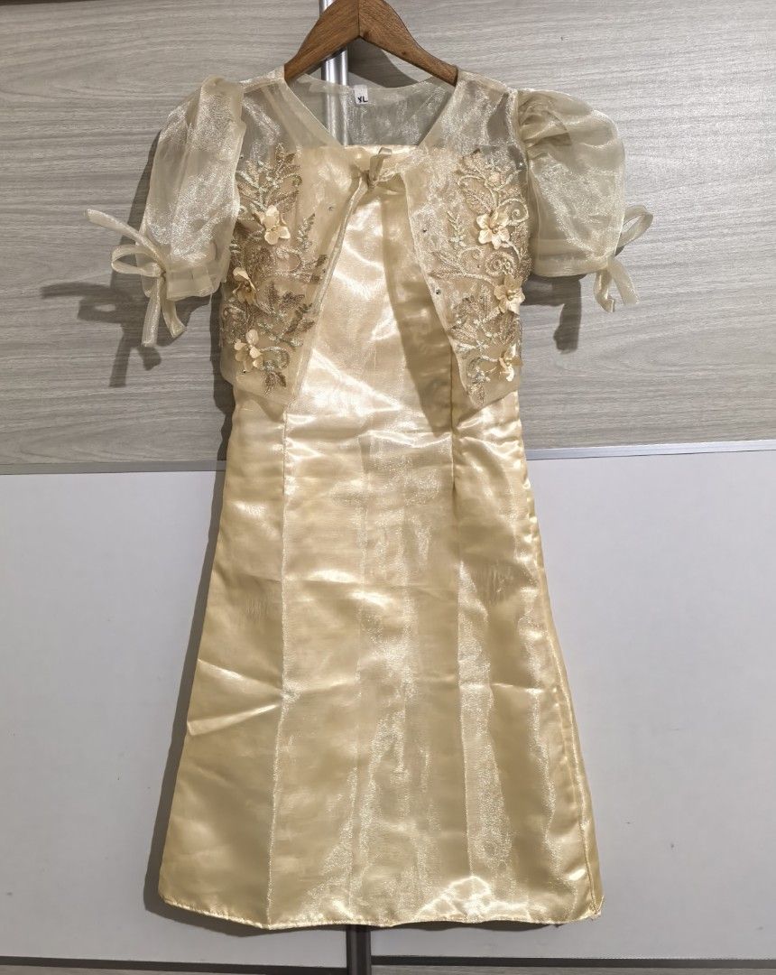 Filipiniana | Formal Gown for Kids (Category: Babies & Kids Fashion) located in Meycauayan. Submitted by preloved_items_j (Listing ID 1461844101, Image 1). Description: Used only once Bolero Shoulder: 12.5 inches Bust: 30 inches Dress Bust: 34 inches Waist: 28 inches Hip: 36 inches Length : 36 inches from strap *strap is temporarily adjusted (can be longer - see last photo) - Beautiful gold organza dress - Matching embroidered bolero jacket inclu