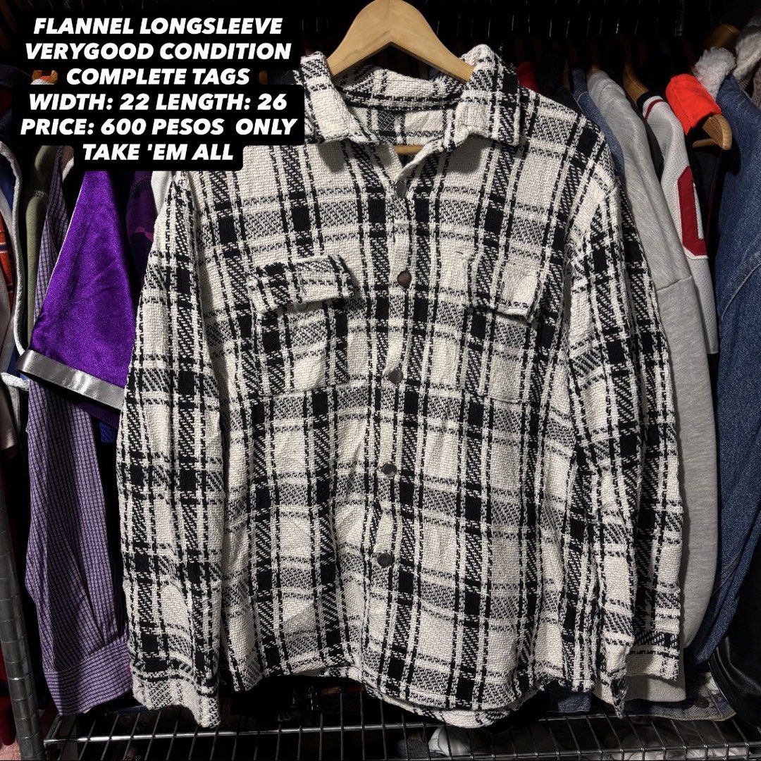 Flannel Longsleeve Shirt - Plaid Pattern (Category: Tshirts & Polo Shirts ) located in Caloocan City. Submitted by bonsatocha43876 (Listing ID 1461982524, Image 1). Description: - Classic black and white plaid flannel longsleeve shirt - Two chest pockets - Button closures - Measurements: Width 22 inches, Length 26 inches - Selling all items together for 600 pesos.