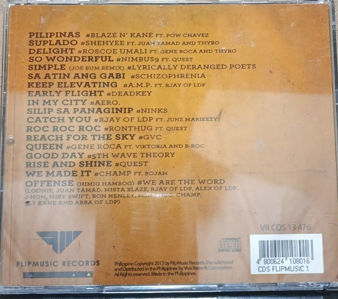 Flip Music #One Compilation CD (Category: CDs & DVDs) located in Manila. Submitted by ruelcabrer77078 (Listing ID 1461966358, Image 3). Description: - Flip Music #One Compilation CD - Released in 2013 - Features various artists including Blaze N' Kane, Pow Chavez, Shehyee, Juan Tamad, Thyro, and more. - Perfect collection for music enthusiasts..