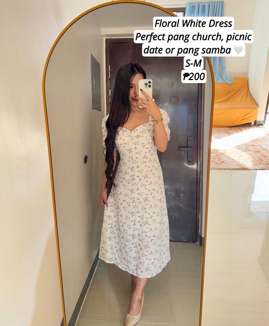 Floral White Dress (Category: Dresses) located in Quezon City. Submitted by ronavillezar (Listing ID 1462021376, Image 1). Description: - Adorable white dress with a charming floral print. - Features a flattering sweetheart neckline and cute puff sleeves. - Versatile for various occasions: church, picnics, or dates. - Comfortable and stylish fit for sizes S-M..