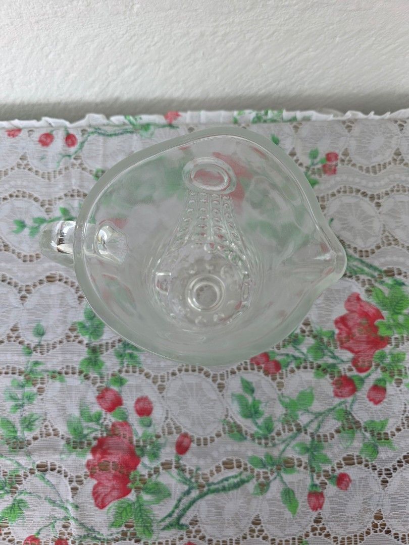 Circa 1970s Frosted Glass Pitcher with Embossed Pattern (Category: Pitchers & Dispensers) located in Manila. Submitted by cam_corder (Listing ID 1461844590, Image 2). Description: This vintage Glass Pitcher with estimated yeqr of 1950s is perfect for vintage collectors. Size:9x6 inches Price:Negotiable.