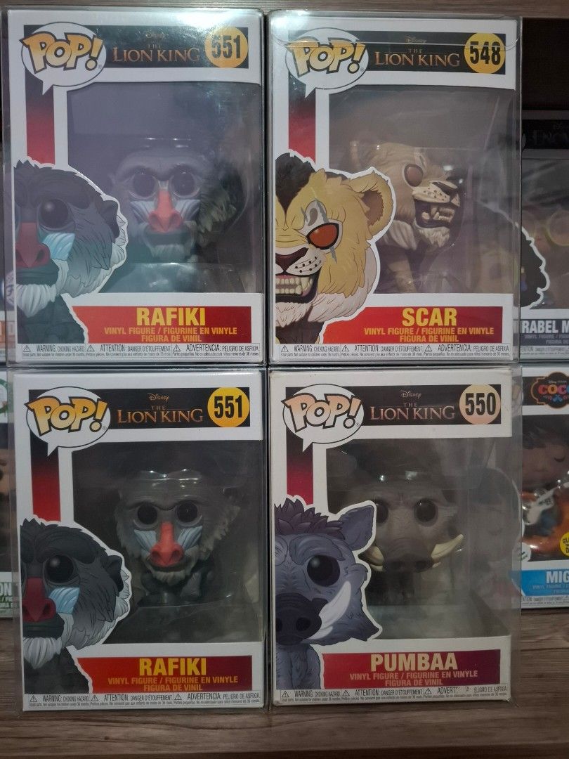 Funko Lion King (Category: Designer & Blind Box Toys) located in Manila. Submitted by uaenaiyyuu (Listing ID 1461805465, Image 1). Description: LION KING #548 Scar #550 Pumbaa #551 Rafiki (2 Available).