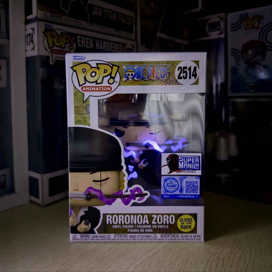 Funko Pop: One Piece - #2514 Roronoa Zoro SMCC GITD (Category: Designer & Blind Box Toys) located in Quezon City. Submitted by tokyobailey (Listing ID 1461921812, Image 1). Description: FS: Funko Pop One Piece #2514 Roronoa Zoro Super Manila Comic Con Glow in the Dark First to pay gets the item Reservation = 50% of stated price (non-refundable; max hold, 2 months) MOP: Gcash/GoTyme/BPI/Metrobank MOD: Grab/Lalamove/ LBC Loc: Bahay Toro, Quezon Cit