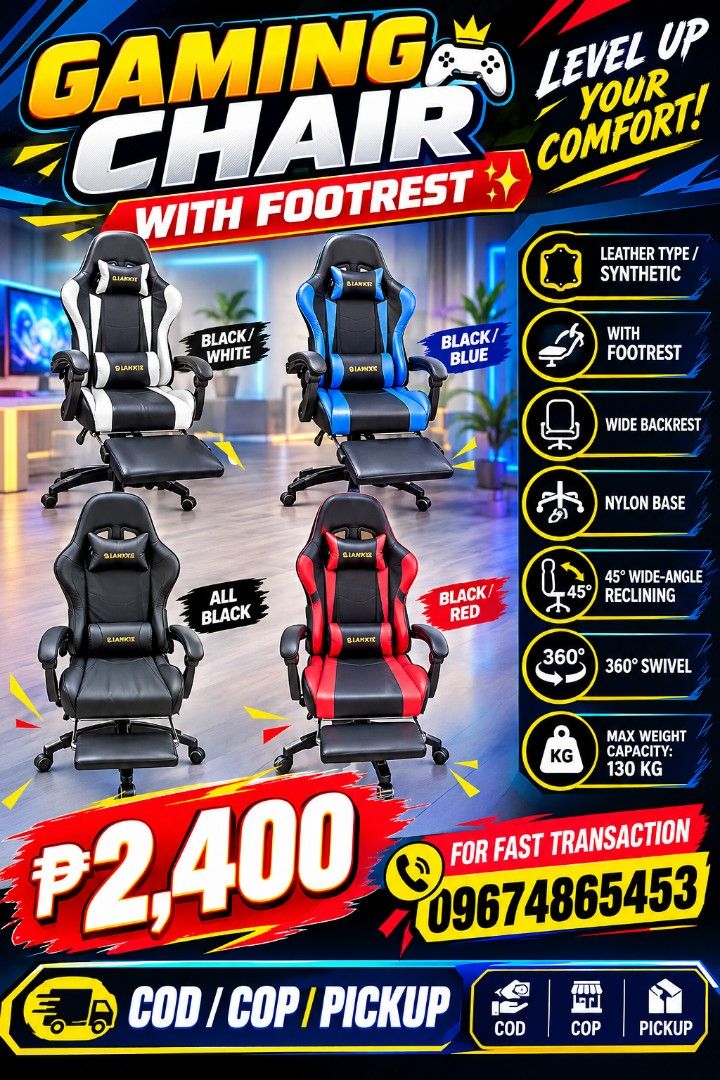 Gaming chair (Category: Chairs) located in Manila. Submitted by minidivisoria (Listing ID 1461803095, Image 1). Description: ‼️ AVAILABLE IN STOCK ✨ Brand New • Direct from Bodega 📦 On Hand & Ready to Ship 📌MOP:COD/GCASH/CASH ON PICKUP/BPI 📌BINONDO LOCATION 📌🚚 Same-Day Delivery Available (+ SF) 📌FOR FAST TRANSACTION 09674865453 📌SAGUITTARIAN ROMA DELLERA #rollerskate #rollerblades #rollercoasterchallenge #rollerskating #skateboard #kidsact