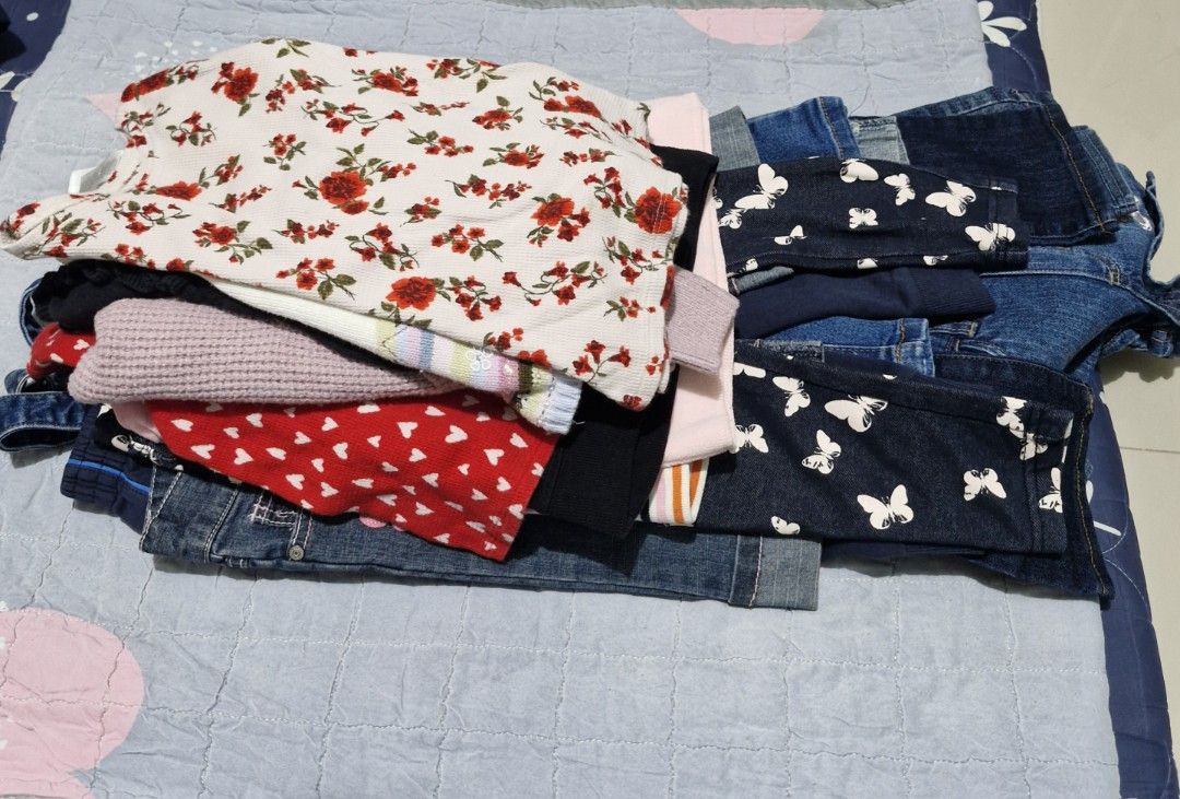 Girls' Clothes Bundle: Jeans, Tops, Sweaters, Jacket (Category: Babies & Kids Fashion) located in Manila. Submitted by madam_q (Listing ID 1462025541, Image 1). Description: - 1000 take all. hindi po Ukay. galing Canada. Napagliitan na ng pamangkin ko. Bundle of girls' Pants/shorts/blouse jacket 12m old to 3yrs old. - Includes denim jeans, shorts, and leggings with butterfly prints - Features a pair of Puma track pants - Assortment of tops and sw